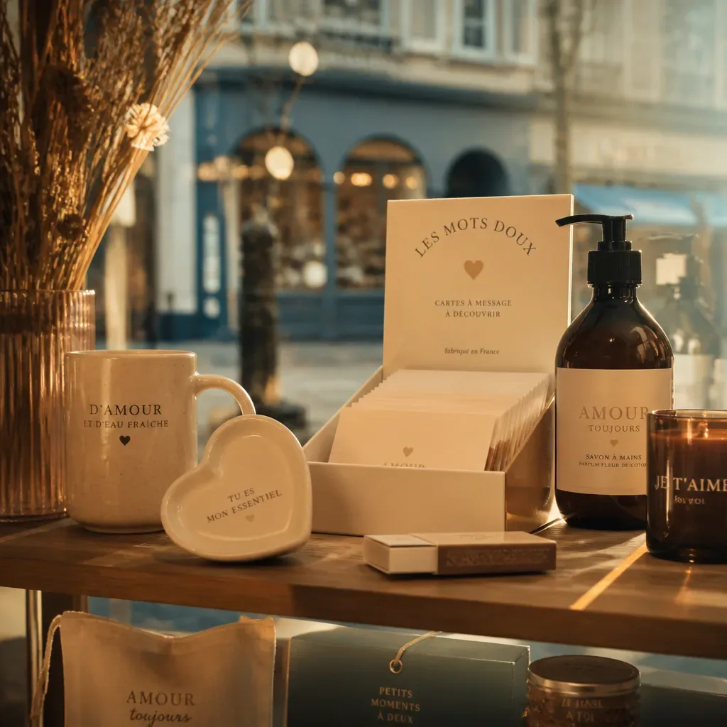 Vitrine/présentation de produits Love shop en gros plan, texture bois et lumière chaude