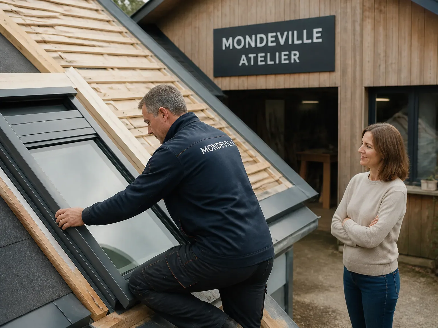 Ouverture de toit en pose dans un atelier extérieur, technicien et propriétaire