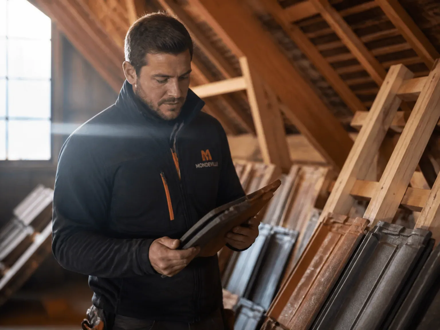 Ouverture sur atelier couvreur à Mondeville, professionnel inspectant matériaux de toiture.
