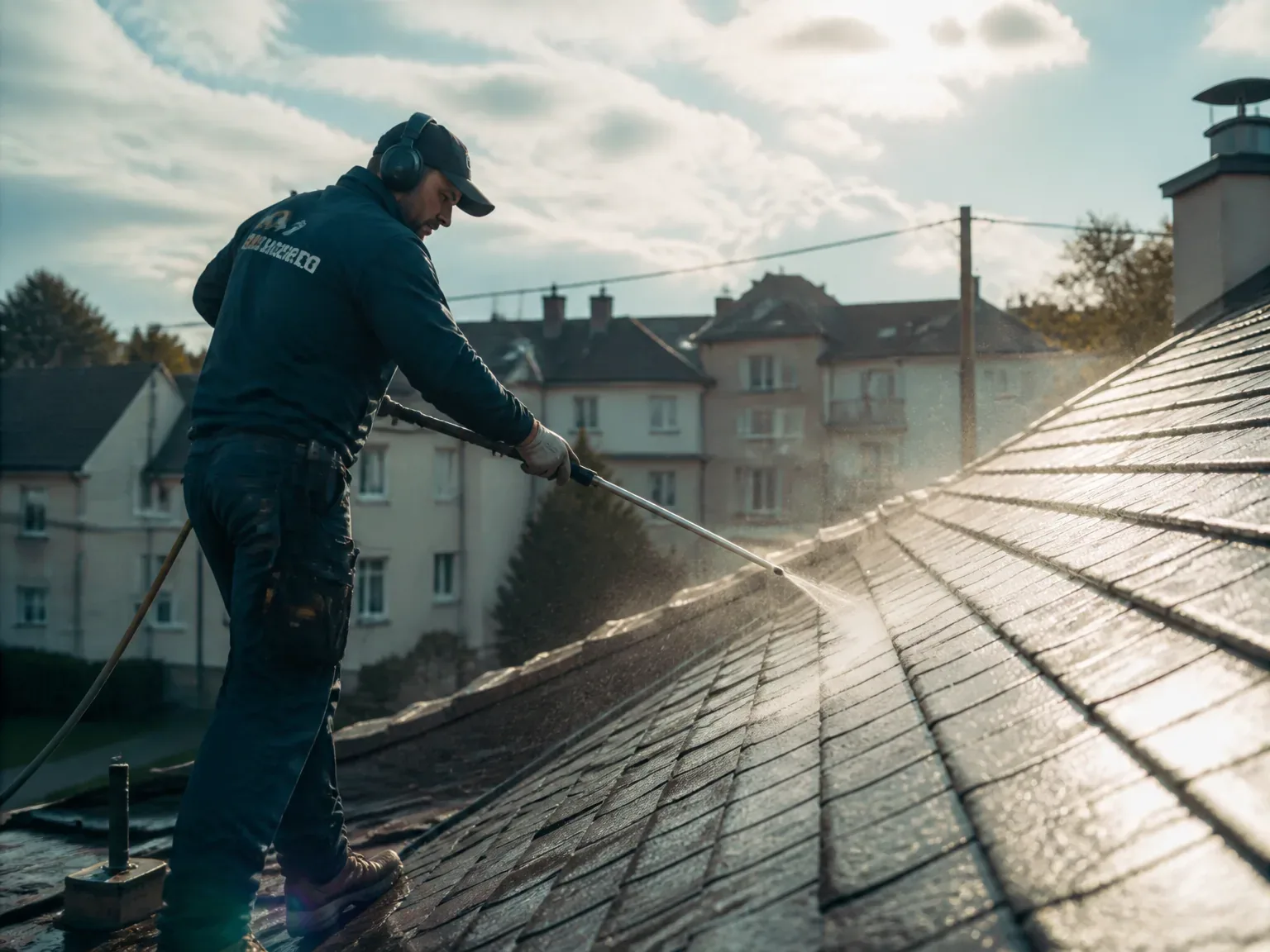 Agent d'entretien de toiture travaillant sur un toit à Mondeville, lumière naturelle chaude