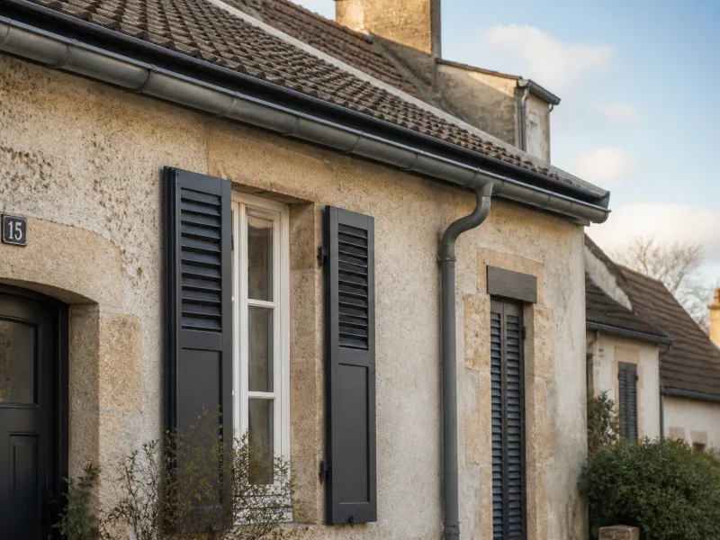 Facade de maison avec gouttières neuves, lumière douce