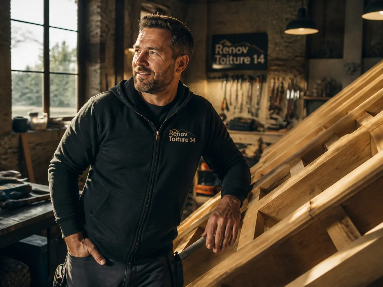 Ouvrier couvreur en intérieur lumineux inspectant une charpente, ambiance moderne et confiants