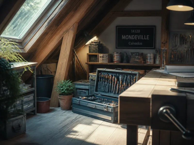 Intérieur de combles organisé et lumineux, ambiance professionnelle