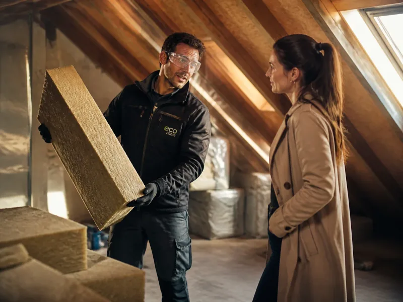 Prestation d’isolation en action avec le technicien et le homeowner, ambiance rassurante