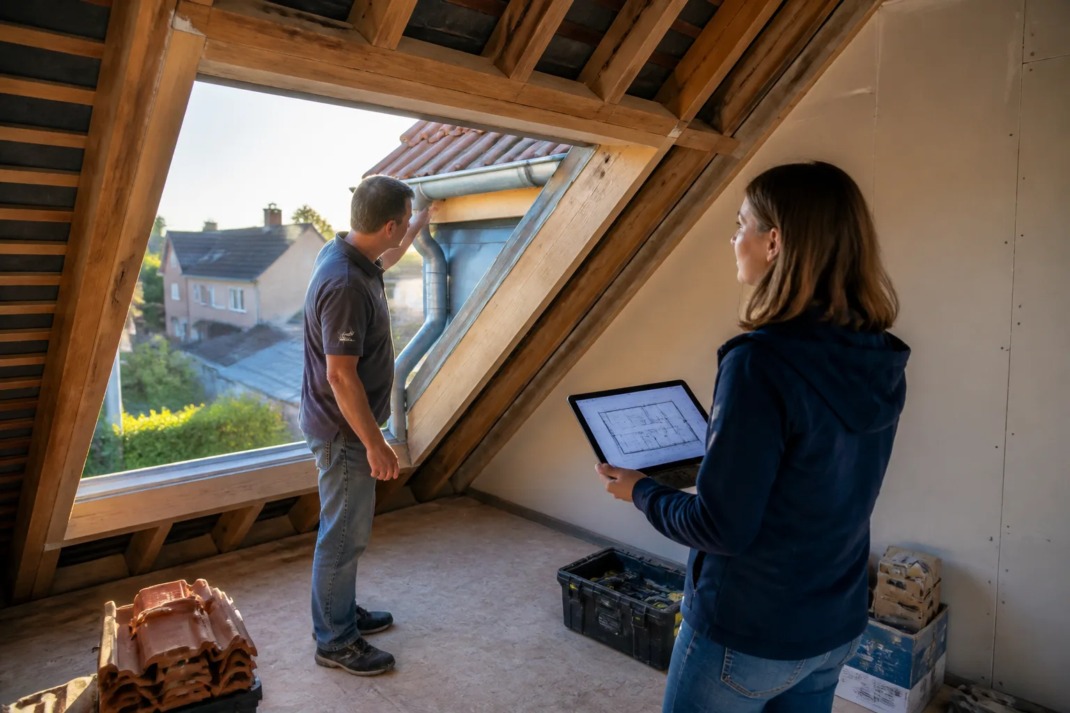 Scène de rénovation de toiture en France