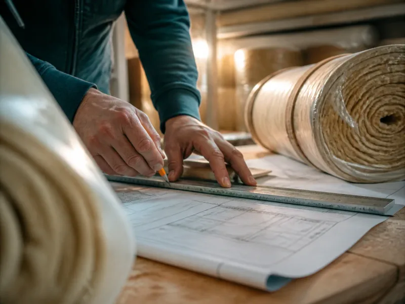 Détail d’isolants et outils posés sur plan de travail avec gestes précis