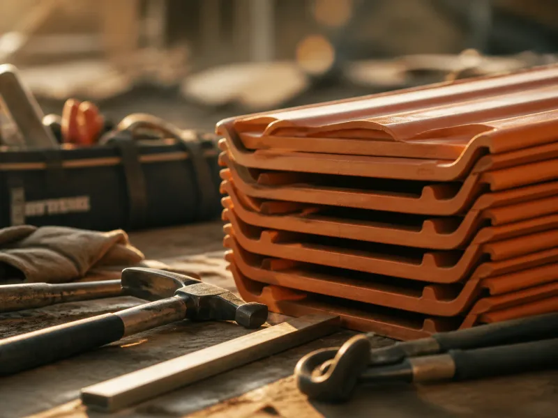 Plan rapproché de tuiles et outils de toiture sur établi, lumière naturelle chaude