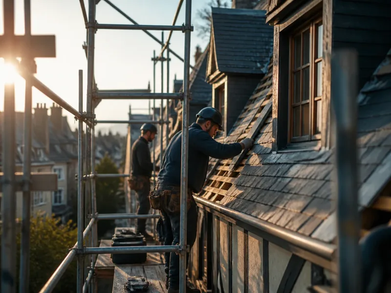 Toit en rénovation à Mondeville, échafaudage et lumière chaude, ambiance calme et maîtrisée