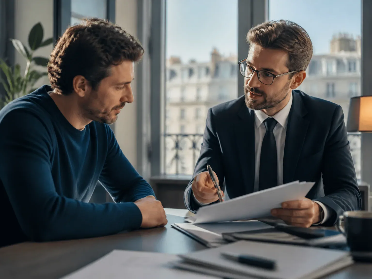 Client et conseiller immobilier en rendez-vous dossier prêt, bureau moderne à Paris