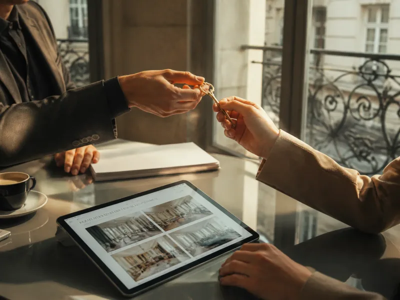 Tablette de listing immobilier dans un bureau parisien lumineux