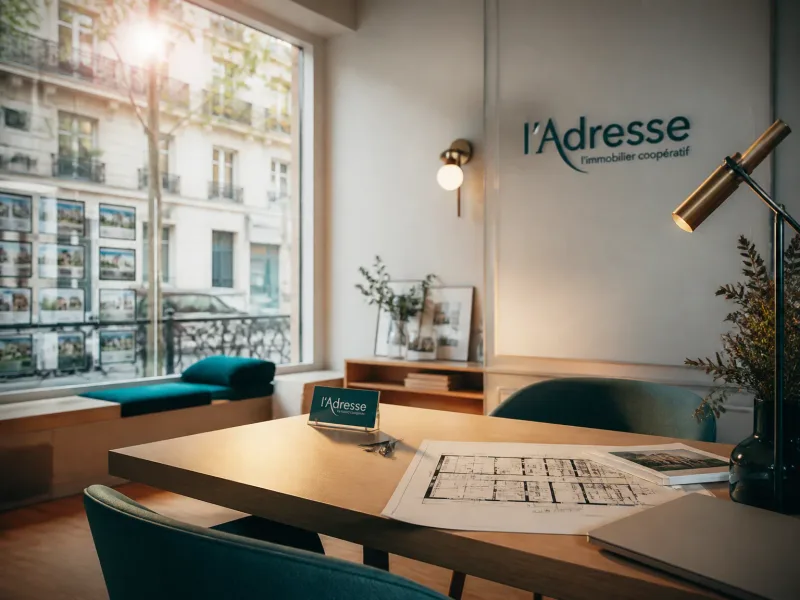 Intérieur d’une agence immobilière moderne à Paris, lumière naturelle et ambiance sereine