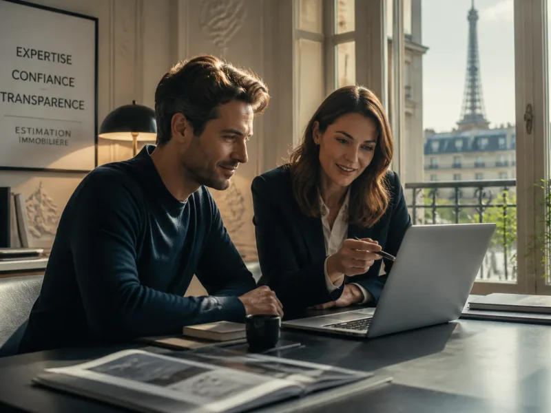 Client et conseiller en visioconférence/valoration immobilière dans bureau parisien
