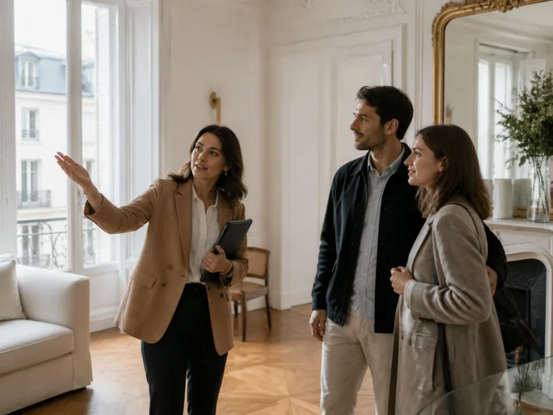 Agent immobilier guidant un couple lors d'une visite dans un appartement à Paris