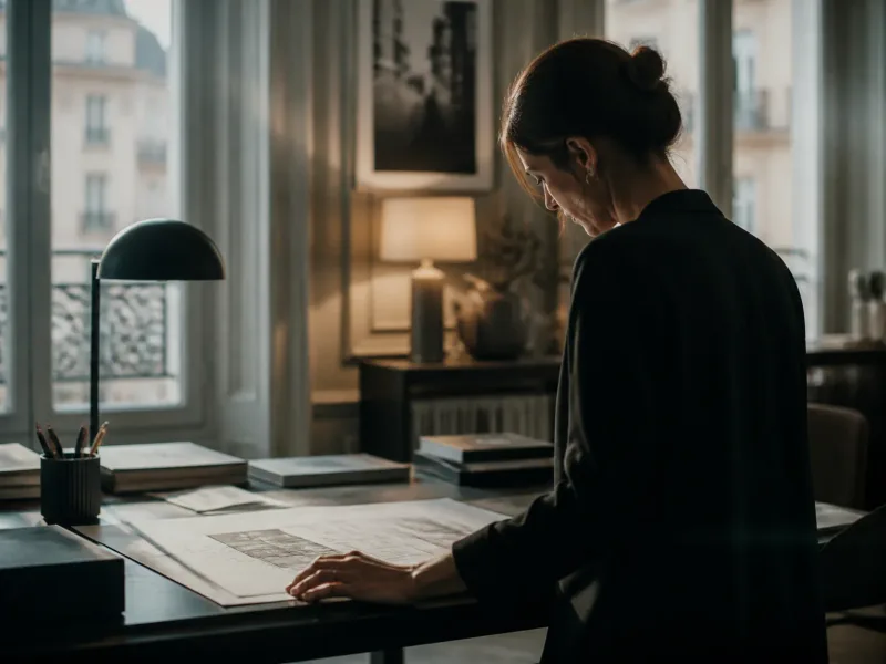 Intérieur d'agence immobilière à Paris, ambiance sereine et professionnelle