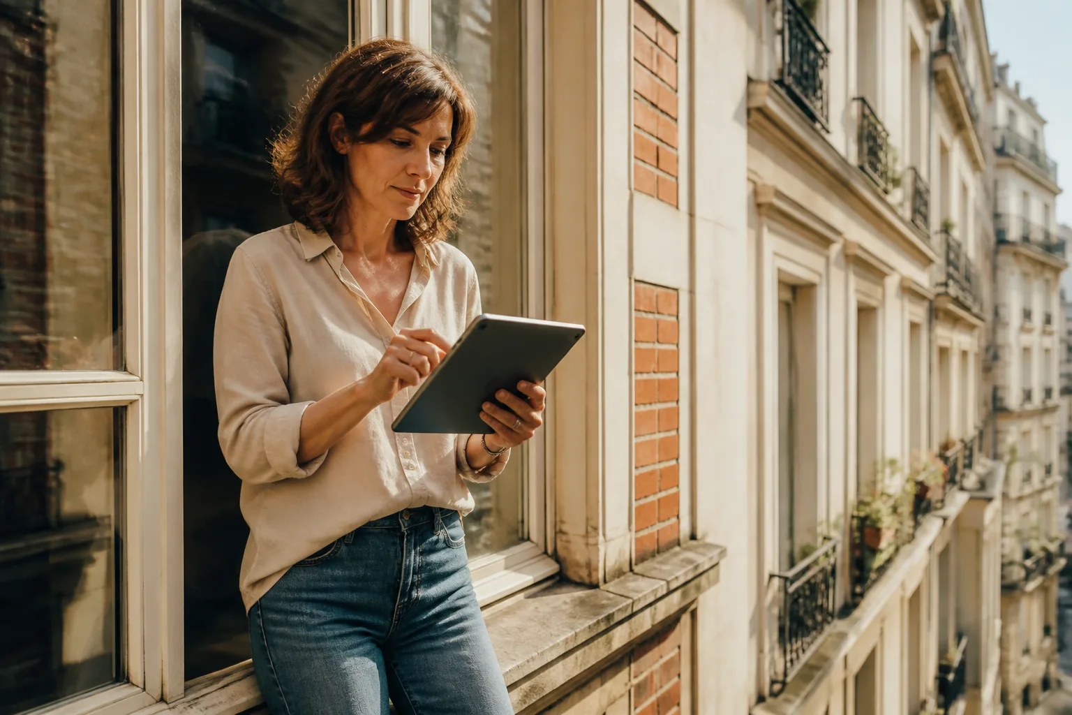 Femme française regardant des biens immobiliers