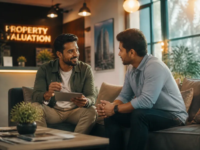 Agent immobilier en discussion avec un client dans une salle d’attente accueillante