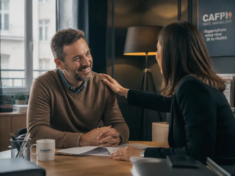Client satisfait après RDV prêt immobilier, bureau moderne à Paris