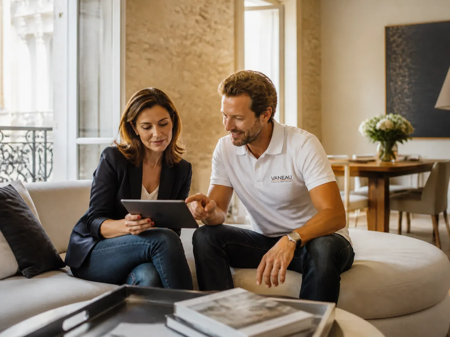 Agent immobilier accompagnant une cliente dans un appartement parisien lumineux