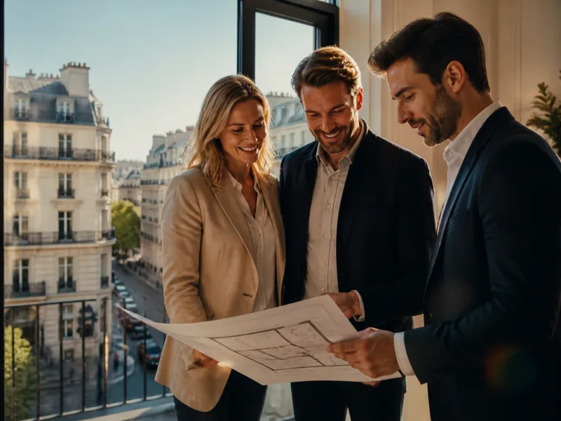 Couple client et conseillère immobilière examinant un plan dans une agence parisienne