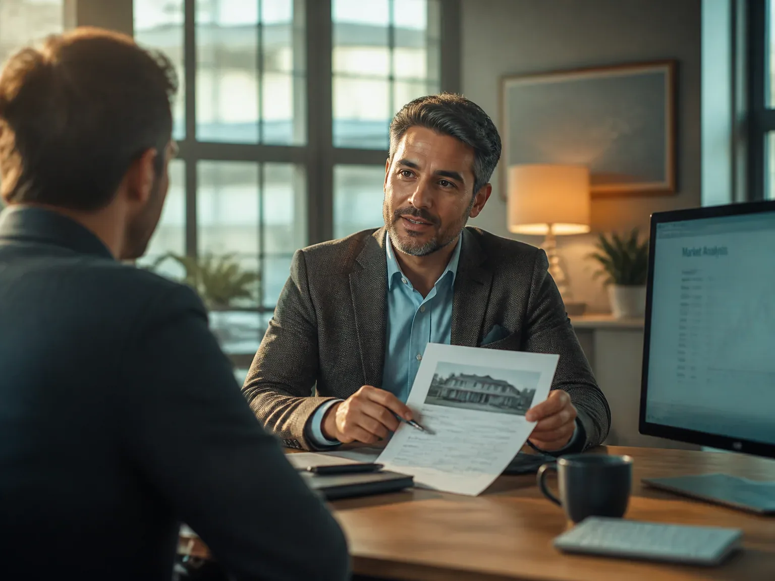 Estimation immobilière dans un bureau lumineux, agent professionnel parlant au client