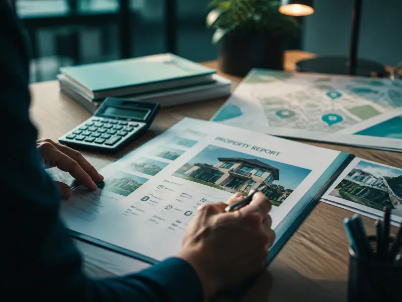 Close-up d’un dossier immobilier et calculatrice sur un bureau propre
