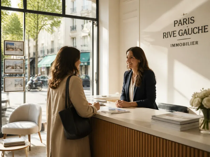 Ambiance d'agence immobilière moderne à Paris, réception chaleureuse