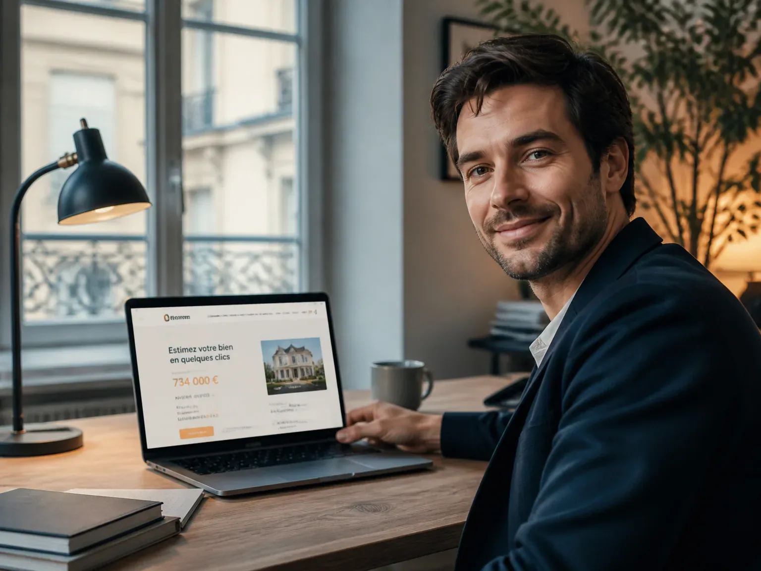 Agent professionnel utilisant outil d’estimation en ligne dans bureau parisien moderne