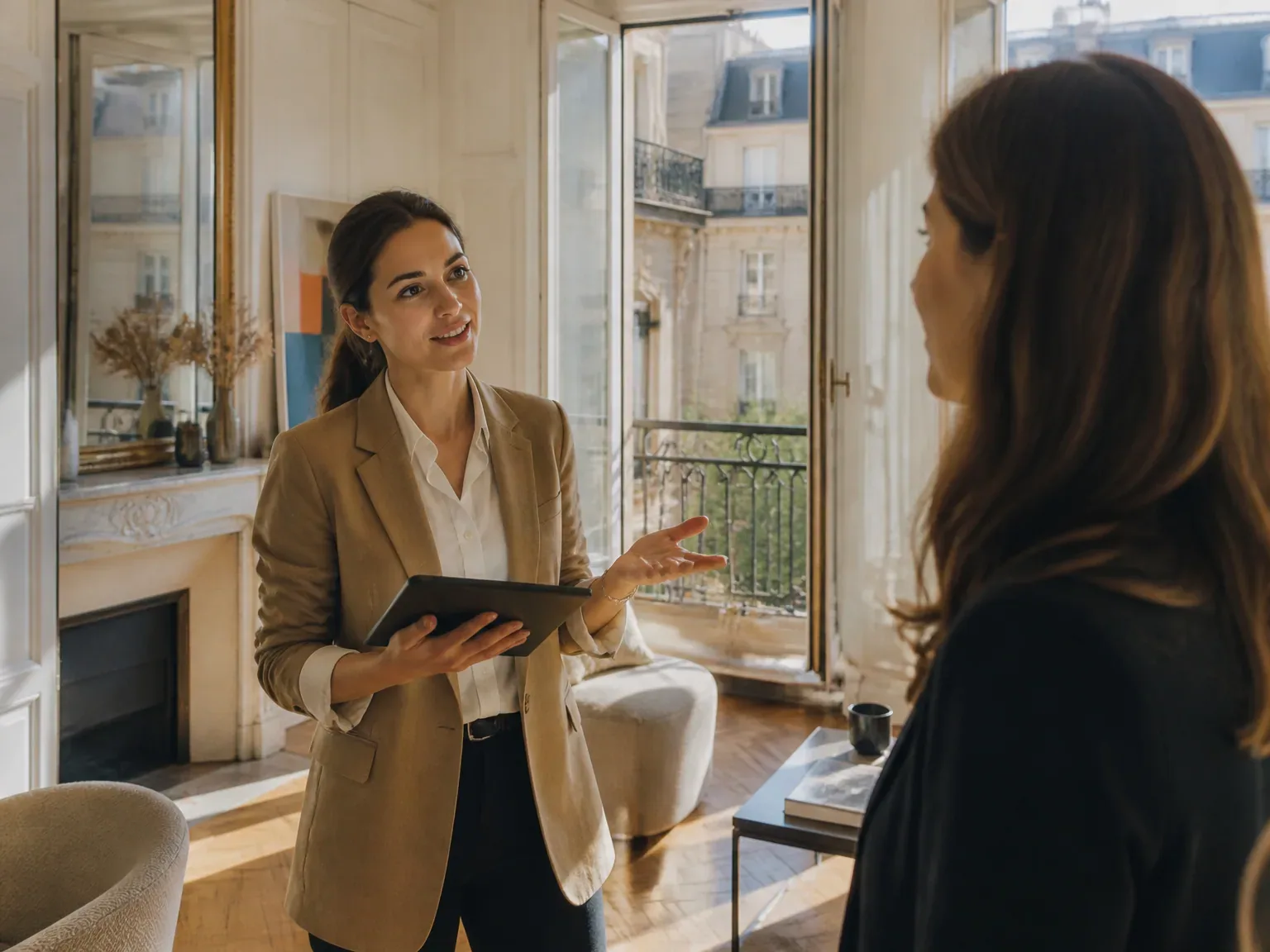 Conseillère immobilière guidant un client dans un appartement parisien moderne