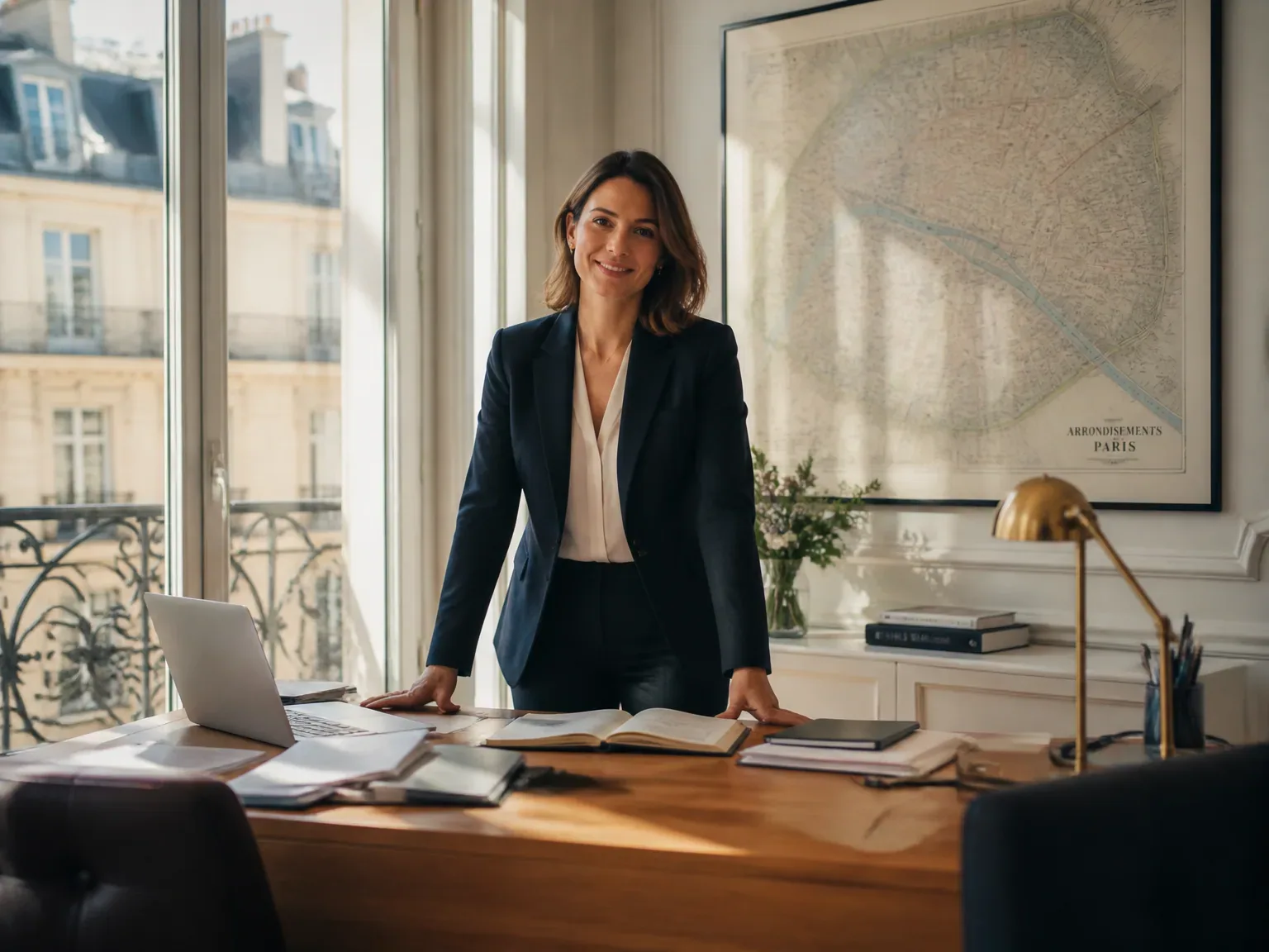 Conseillère immobilière souriante dans un bureau parisien lumineux