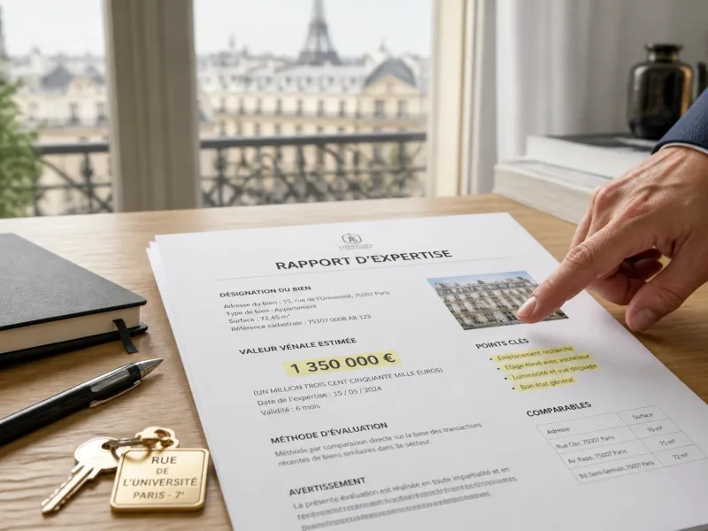 Packshot dossier estimation immobilière sur bureau, clé d'appartement et vue parisienne