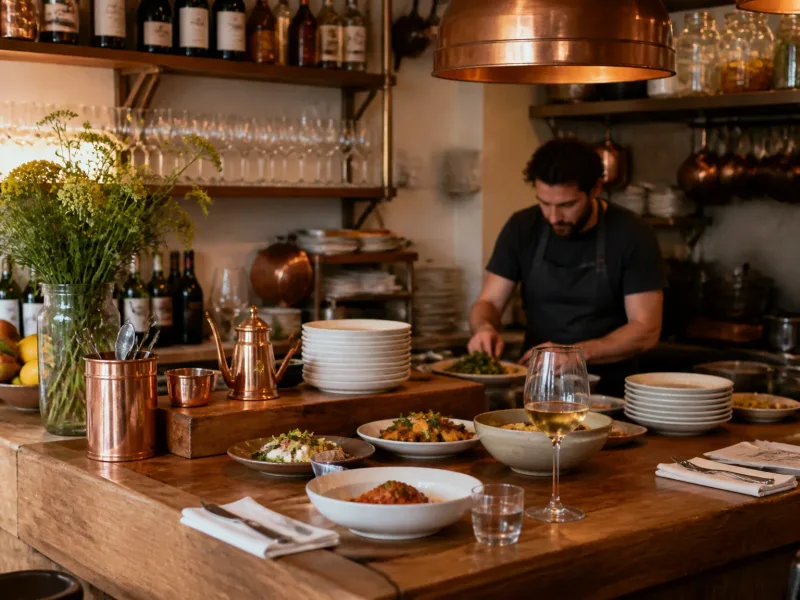 Ambiance cuisine/bar chaleureuse Chez Toni avec cuisine en arrière-plan