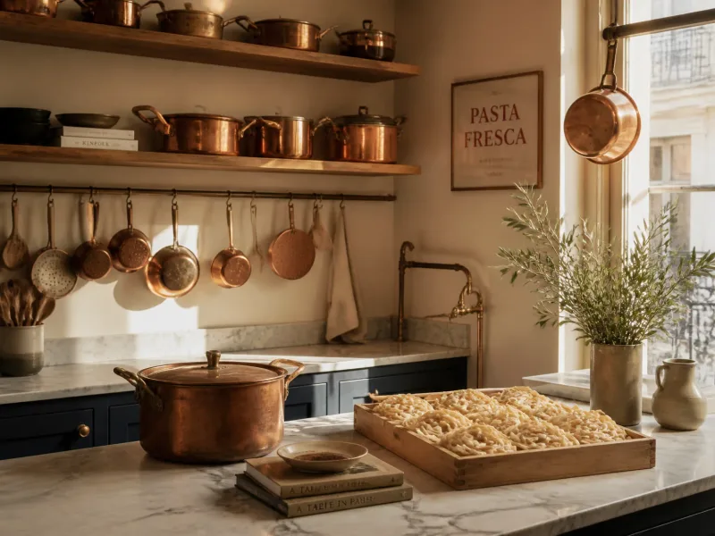 Ambiance d’atelier pasta avec casseroles, étagères en bois et lumière naturelle chaude