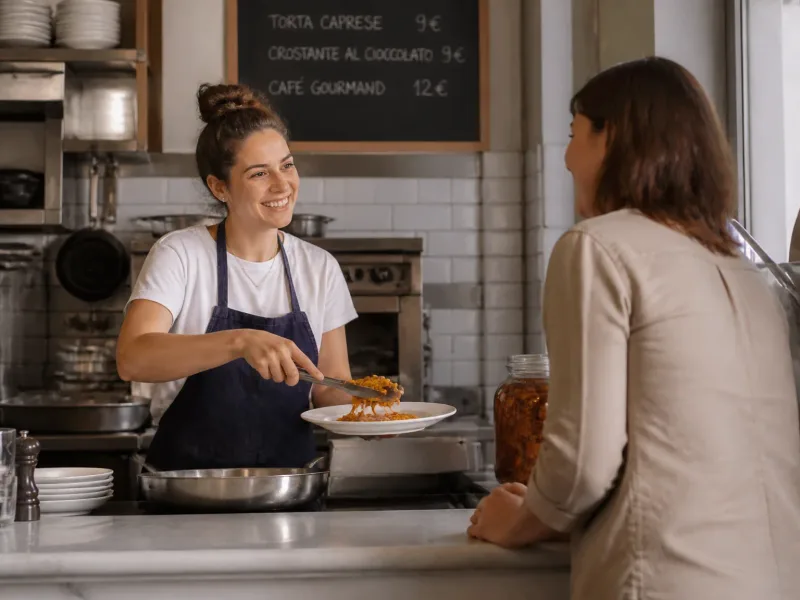 Serveur/serveuse dressée présentant une assiette de pâtes à un client, ambiance conviviale