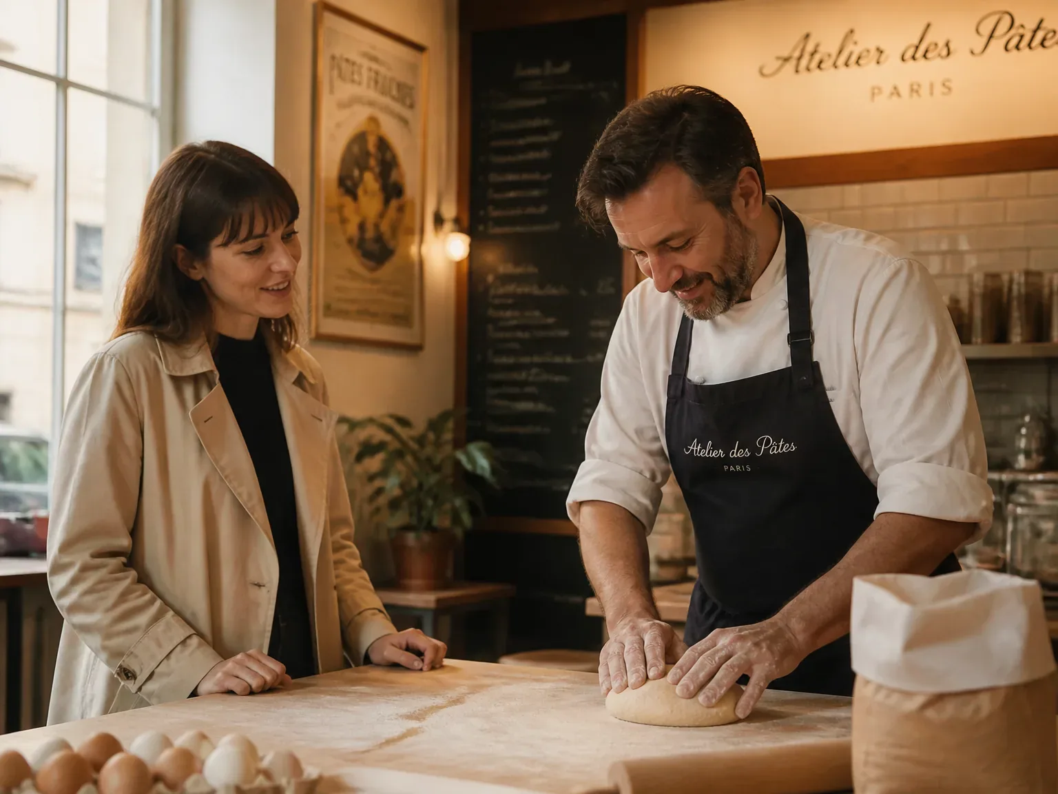 Client regardant un chef pétrissant des pâtes dans un atelier parisien lumineux