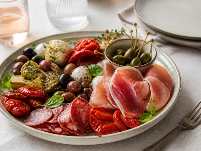 Plan rapproché d’un plat d’antipasti coloré et artisanal