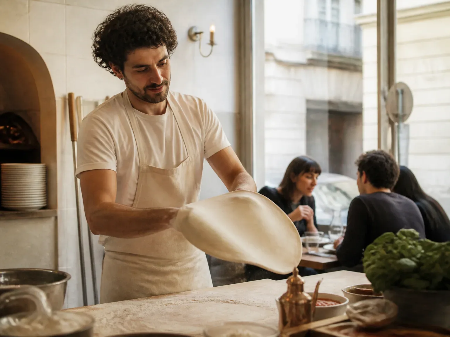 Pizzaiolo artisan à l'ouvrage dans une pizzeria parisienne, ambiance chaleureuse