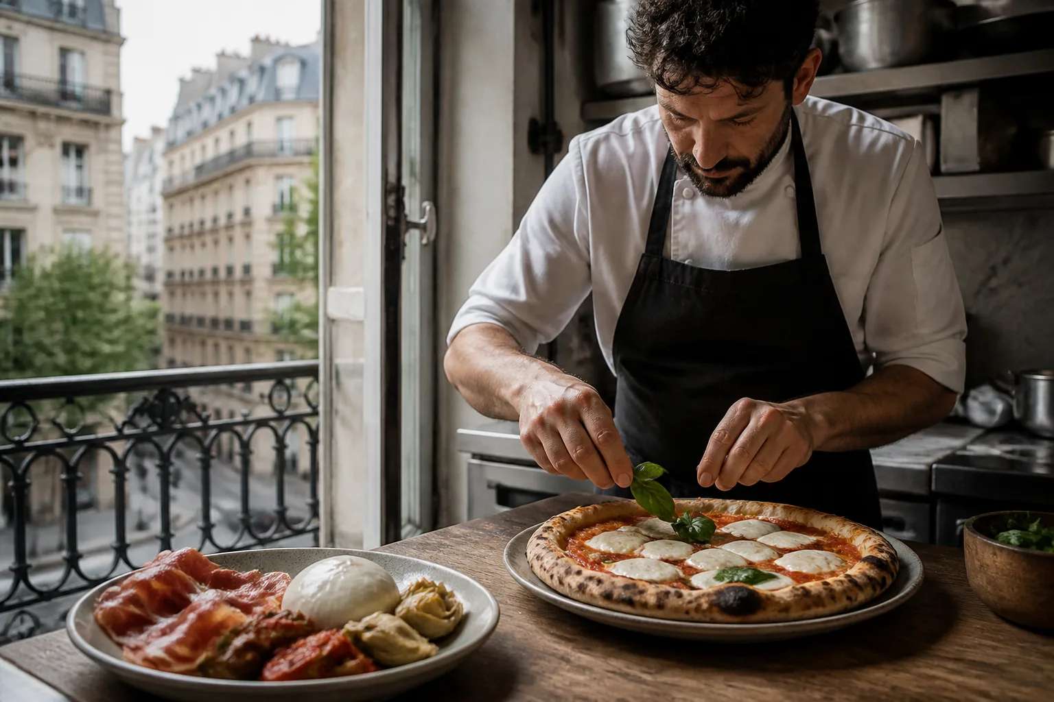 Pizza ouverte sur planche en cuisine parisienne