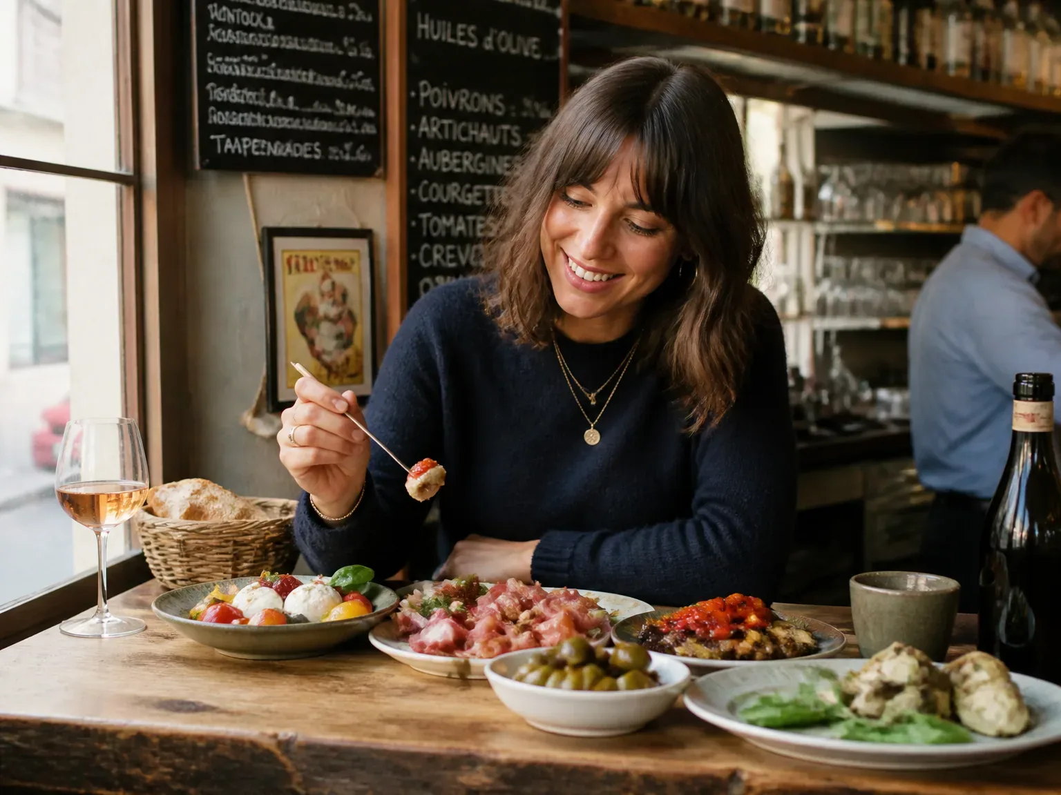 Personne dégustant des antipasti dans une bistro parisien, ambiance chaude et naturelle
