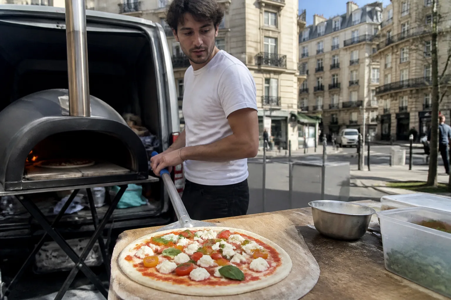 Pizza sur table près d'une rue parisienne