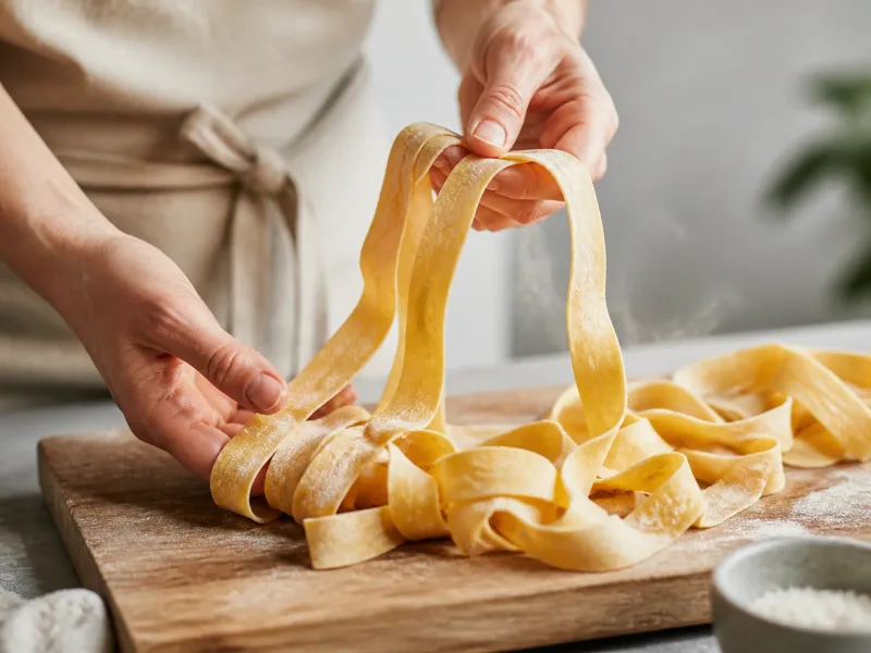 Pâtes fraîches disposées sur planche de bois, vapeur légère et mains du cuisinier