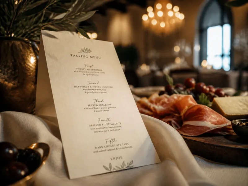 Carte de dégustation et mise en bouche sur une table élégante