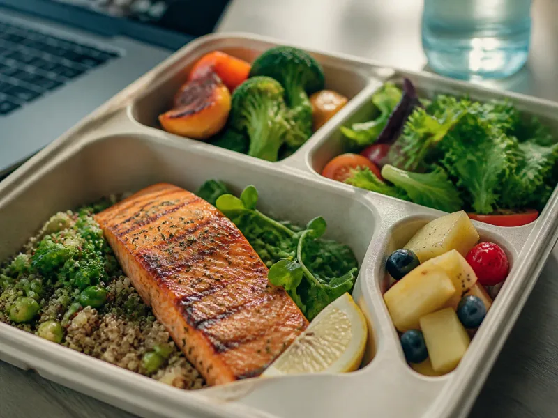 packshot d'un plateau repas d'entreprise avec présentation soignée et textures visibles