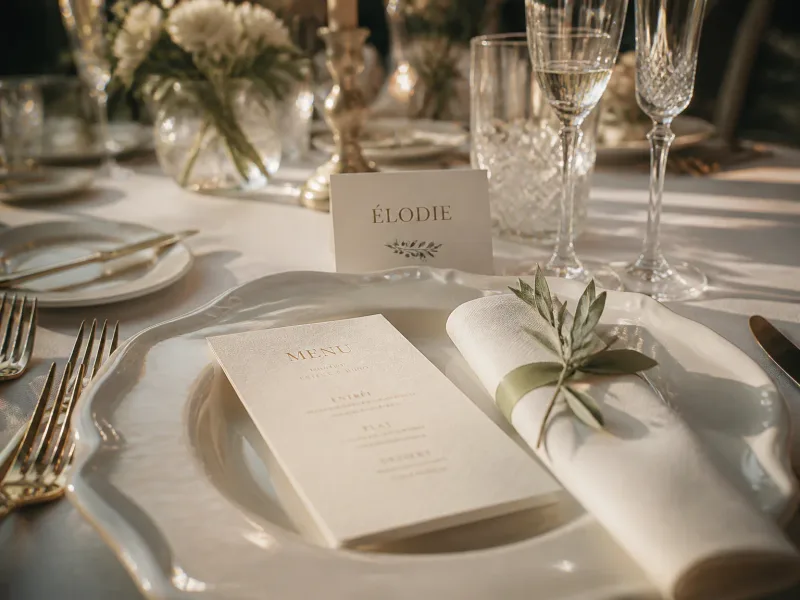 Packshot de préparation de table de mariage avec menus et verres