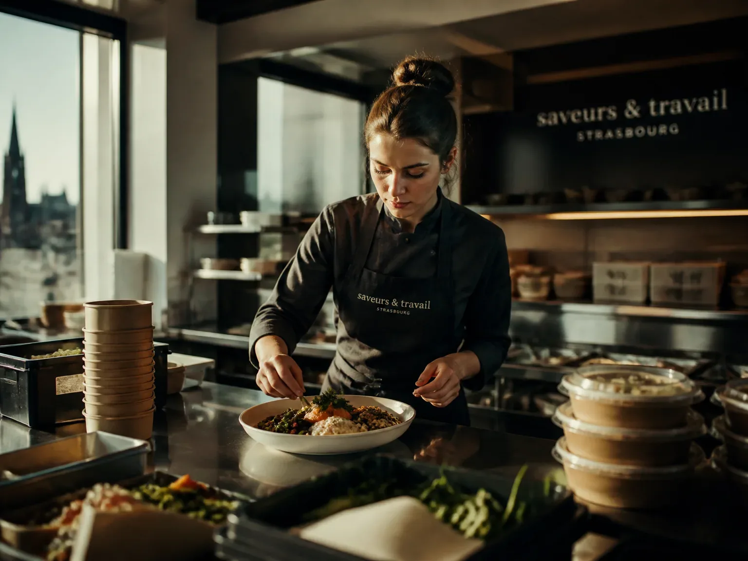 préparateur en cuisine d'entreprise dans une cuisine de plateau repas, lumière naturelle, ambiance professionnelle
