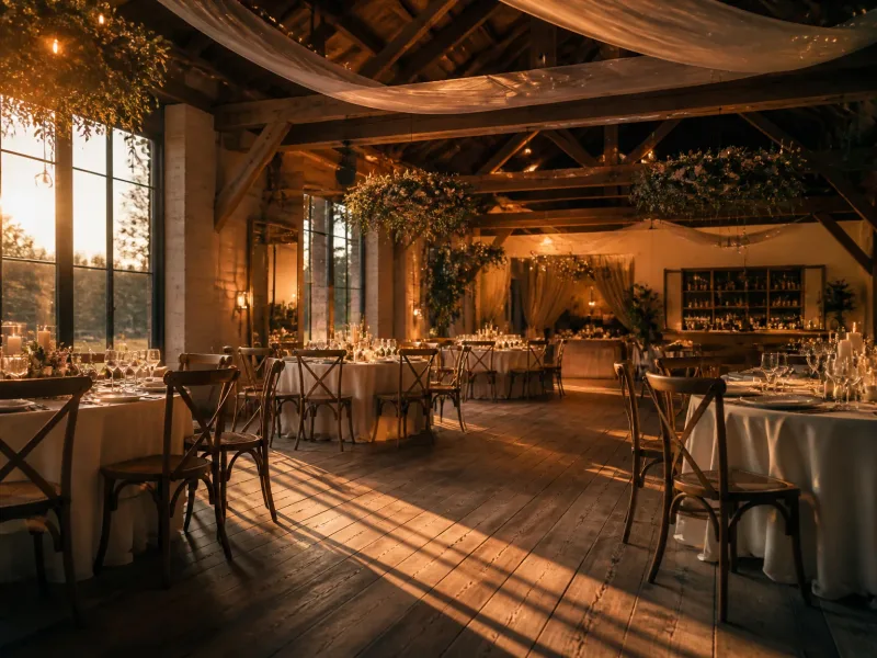 Ambiance d’un lieu de réception nuptiale à Strasbourg à l’heure dorée