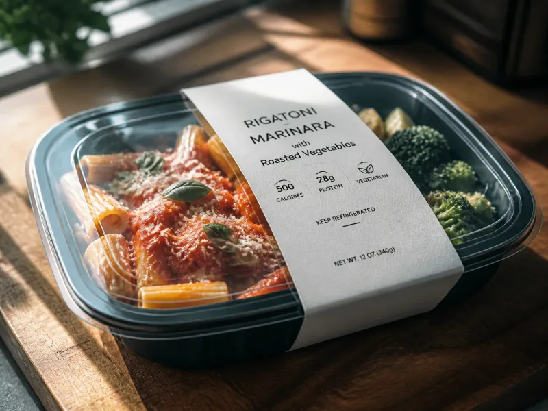 Packshot d’un plat cuisiné prêt à être livré, emballage soigné