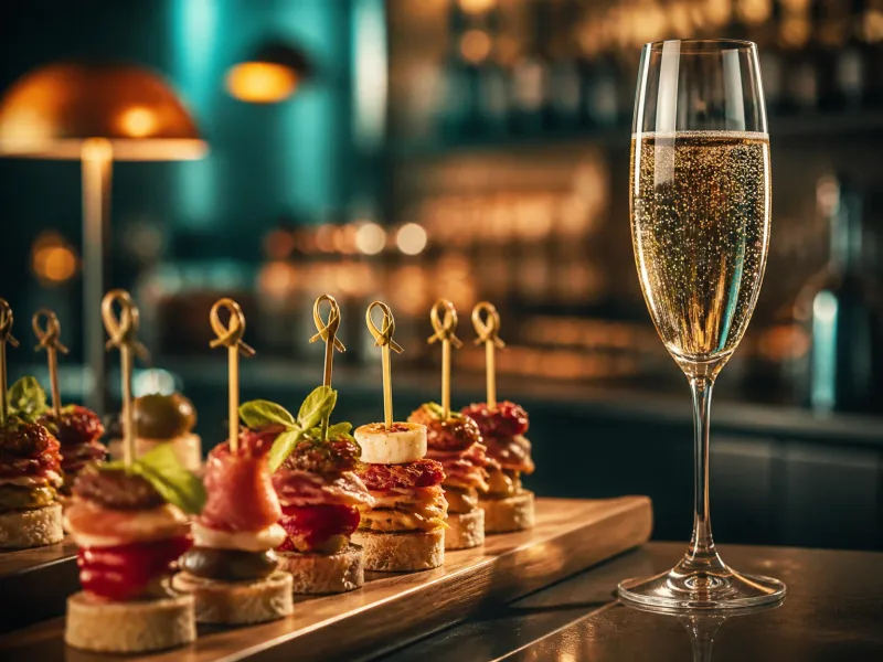 Plan serré sur les canapés et flûtes, ambiance barcocktail
