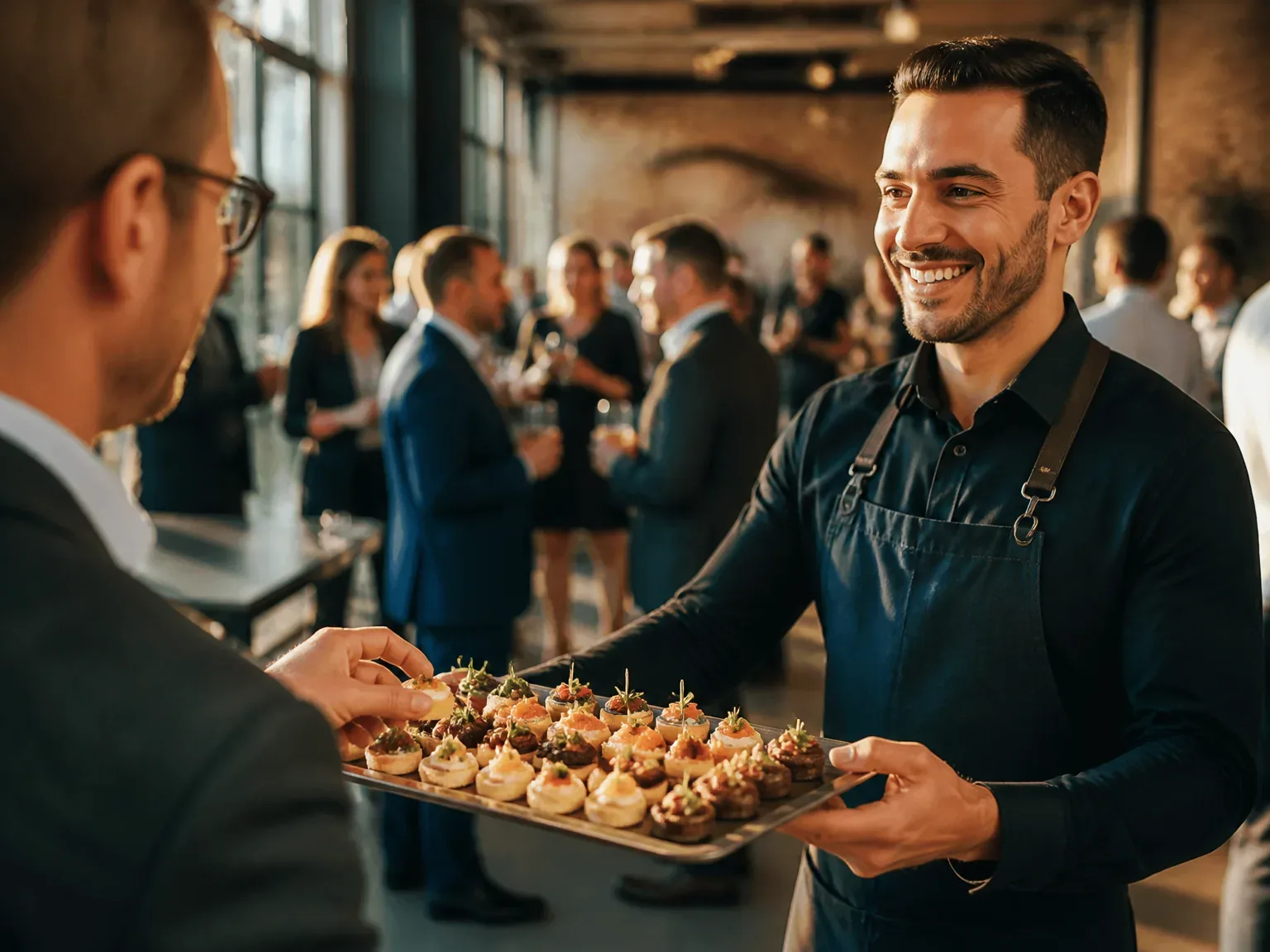Buffet cocktail en réception dans un lieu moderne à Strasbourg, serveur souriant