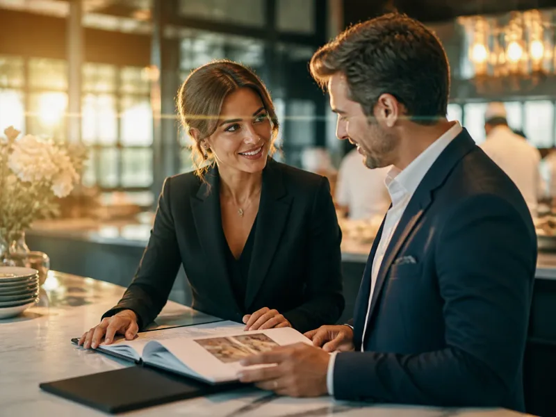 Chargée d'événement en discussion sereine avec un client
