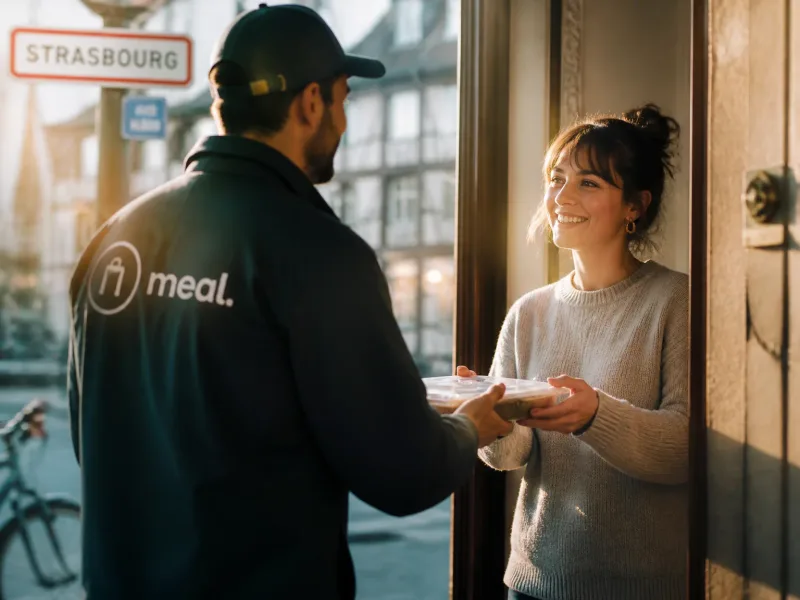 Livraison remise par le coursier à un client, sourire de satisfaction